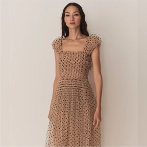 Doen Nude Tulle Polka-Dot Square-Neck Midi Dress with Puff Sleeves